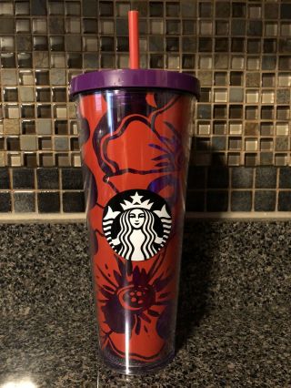 Starbucks Red / Purple Floral Acrylic Venti Cold Cup Tumbler 2014 / Htf