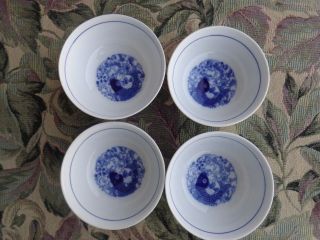 4 Vintage Asian Chinese Porcelain Blue White Koi Fish Footed Rice Bowls 11x 51/2