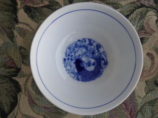 4 Vintage Asian Chinese Porcelain Blue White Koi Fish Footed Rice Bowls 11x 51/2 2