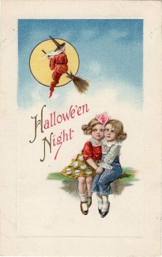 Halloween Night Postcard,  Winsch Series 4225 - Two Girls And Witch Flying.