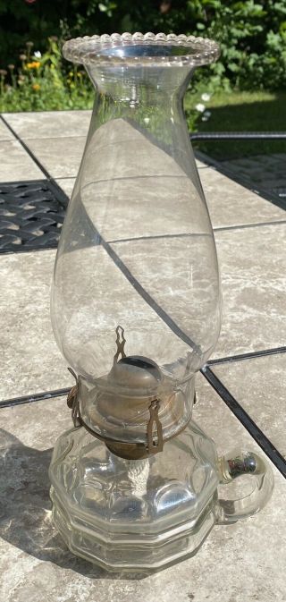 Antique Clear Glass Oil Lamp With Handle And Beaded Chimney