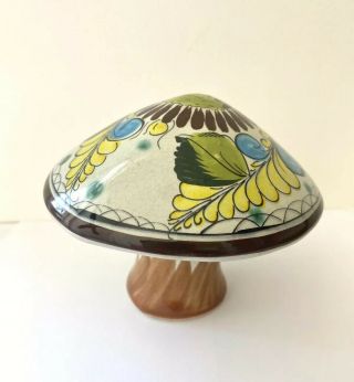 Vintage Tonala Mexican Art Pottery Ceramic Mushroom Figurine Signed Green Brown