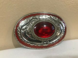 Vintage Usa Western Rodeo Cowboy Red Silver Belt Buckle 4 " X 2.  5 "
