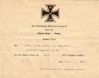 Ww1 German Document Award Iron Cross Ii Class,  1917,  Ir 87