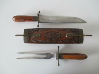 Vintage Hand Carved Ornate Knife & Fork Carving Set Wood - Brass Sheath India