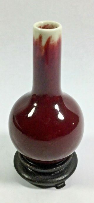 Chinese Ox Blood Red Porcelain Vase From Jingdezhen With Wood Stand - 4 "
