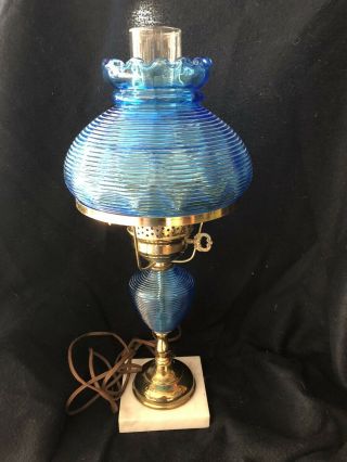 Gorgeous Vintage Blue Glass Hurricane Lamp Brass Marble Base Stunning 19 Inch