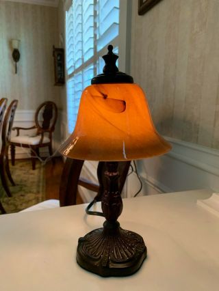 Vintage Metal Victorian Accent Table Lamp With Amber Glass Shade 12 In High