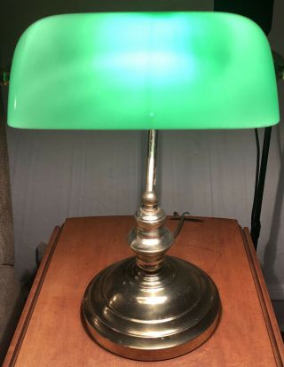 Vintage Bankers Desk Lamp W/ Green Glass Shade Student See Descript