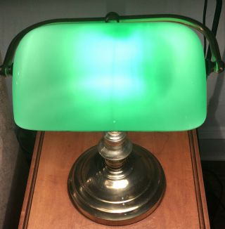 Vintage Bankers Desk Lamp W/ Green Glass Shade Student See Descript 2