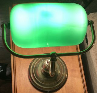 Vintage Bankers Desk Lamp W/ Green Glass Shade Student See Descript 3