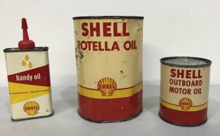 Vintage Shell Oil Cans.  Shell Handy Oil,  Rotella,  Shell Outboard Motor Oil
