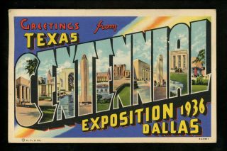 Exposition Postcard Texas Centennial Expo 1936 Large Letter Linen Curt Teich