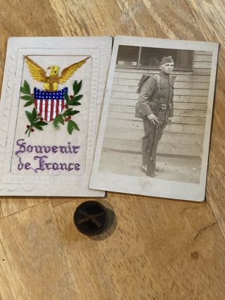Wwi Us Army Infantry Collar Disc,  W/ Soldier’s Photo And Postcard