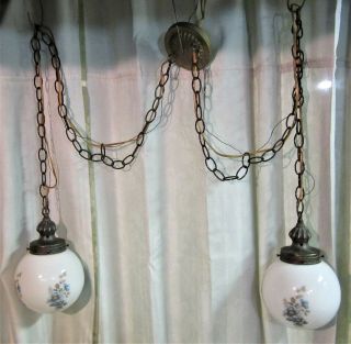 Lovely Vintage Double - Globe Hanging Swag Light,  Mid - Century,  Blue Flowers