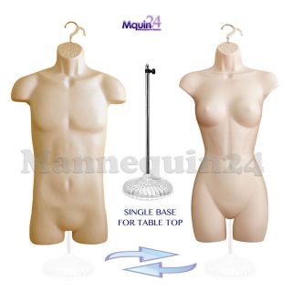 Flesh Mannequin Male & Female Torso Dress Body Forms Set,  1 Stand,  2 Hangers