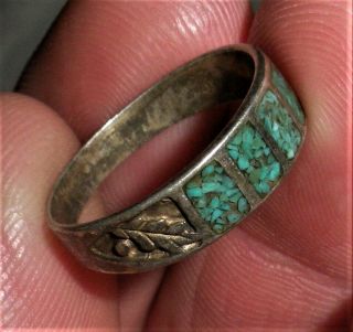 Vintage C.  1970s Turquoise Inlay Sterling Silver Ring Leaf On Side Vafo
