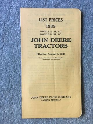 1939 John Deere Tractor Price List,  Model A,  B,  Ar,  Etc.
