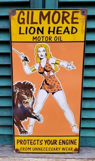 Lg Old 1939 Gilmore Lion Head Motor Oil Porcelain Service Gas Station Pump Sign