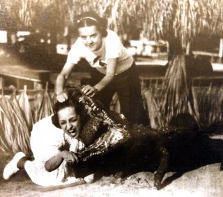 Rppc Girl Pulling Friends Head Out Of Gator Mouth 1940s Florida Everglade
