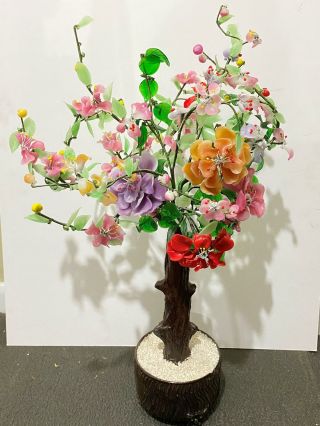 Vtg Chinese Oriental Glass Bonsai Cherry Blossom Feng Shui Tree Art Statue