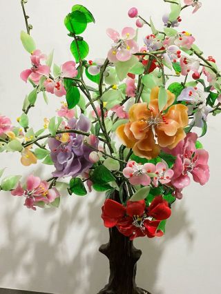Vtg Chinese Oriental Glass Bonsai Cherry Blossom Feng Shui Tree Art Statue 2
