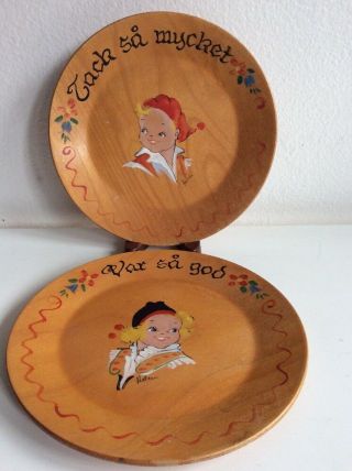 Vintage Scandinavian Var Sa God Boy/girl Wood Plates Hand Painted Set Swedish