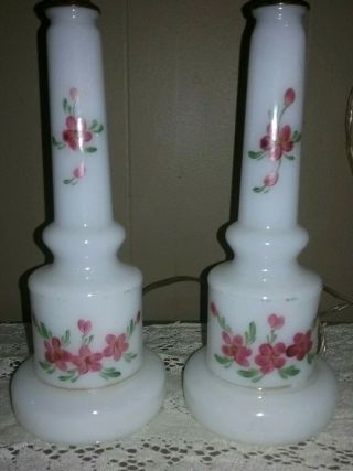 Pair Vintage Vanity Lamps White Milk Glass Hand Painted Flowers Farmhouse Chic