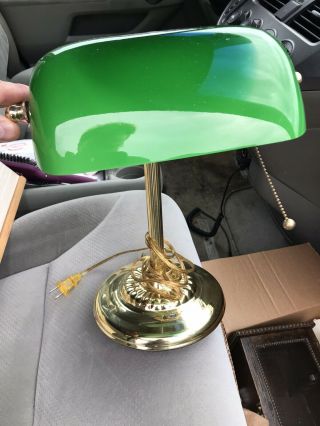 Vintage Bankers Student Desk Lamp Brass Green Glass Shade Pull Chain Piano
