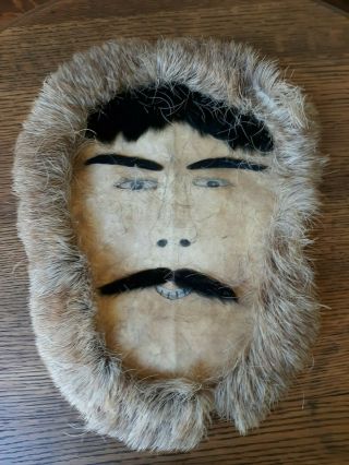Vintage Alaskan Primitive Folk Art Eskimo Face On Hide & Fur Pt.  Hope Alaska Sig