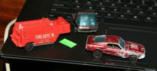 Red Line Mattel Hot Wheels 3 Items Mustang Worn,  Fire Truck Rear Heavyweight Cab
