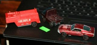 Red Line Mattel Hot Wheels 3 Items Mustang worn,  Fire Truck rear Heavyweight Cab 2