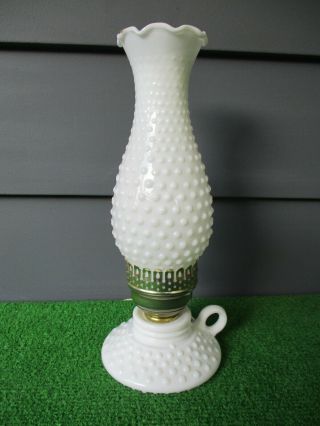 Vintage Milk Glass / Hobnail Chimney Table Lamp - Finger Loop Base - 14 " Tall