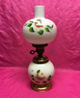 Vintage Milk Glass W/ Hand Painted Roses Design Electric Hurricane Lamp -