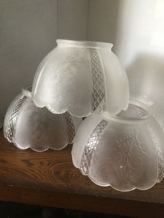 Set Of 3 Vintage Clear And Frosted Scalloped Glass Shades Quilted Look & Florals