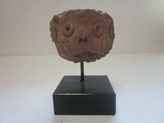 Vintage Small Clay Hand Made Chinese Foo Dog Face On Display Stand