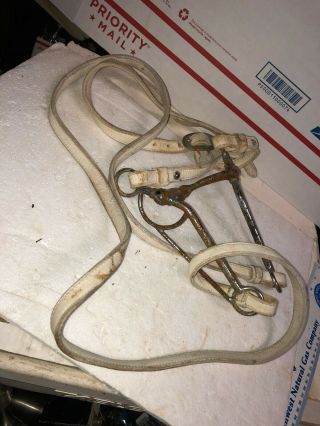 Vintage 8 1/2 " Shank Steel Snaffle Horse Bit & 2 White Leather Straps; Fast S&h