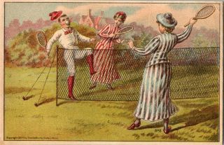 Victorian Trade Card A&p Baking Powder - Tennis Players - Ball In Face