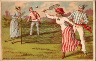 Victorian Trade Card A&p Baking Powder - Two Couples Playing Tennis -