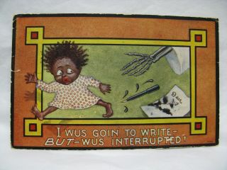 Black Americana Halloween Postcard Girl Runs From Skeleton Hammen,  Denver Co.