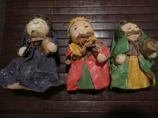 3 Vintage Paper Mache Folk Art Three Wise Men Ornaments Hand Made Hand Painted