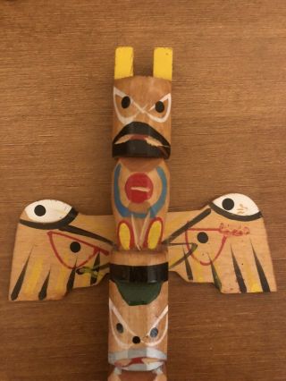 Vintage 1970s Native American Indian Made Wood Carved Painted 10” Totem Pole