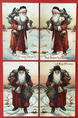 Vintage Santa Postcards (4) Red Robes,  Mirror Images,  Walking Sticks,  Bells