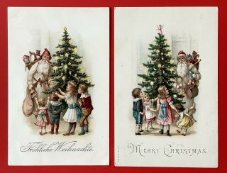 Vintage Santa Postcards (2) White Robes,  Red Caps,  Children,  Lit Trees Lovely