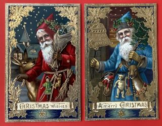 Vintage Santa Postcards (2) Red/blue Robes,  Rich Colors,  Gilding