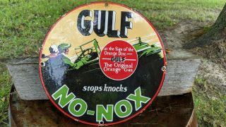 Old Vintage 1950s Gulf Gasoline Fuel Oil Porcelain Gas Pump Sign Orange Disc