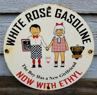 Old Vintage 1929 White Rose Gasoline With Ethyl Porcelain Gas Station Pump Sign
