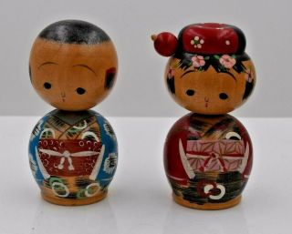 Vintage Hand Painted Japanese Kokeshi Wooden Doll 3.  5 " (8.  9 Cm) Pair