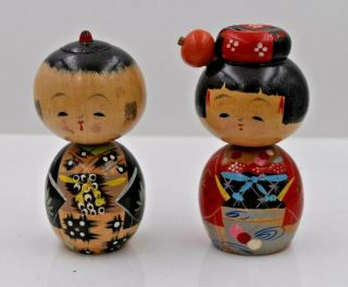 Vintage Hand Painted Japanese Kokeshi Wooden Doll 3 " (7.  6 Cm) Pair