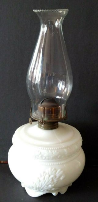 Antique Kerosene Oil Lamp,  Milk Glass Font,  Glass Chimney